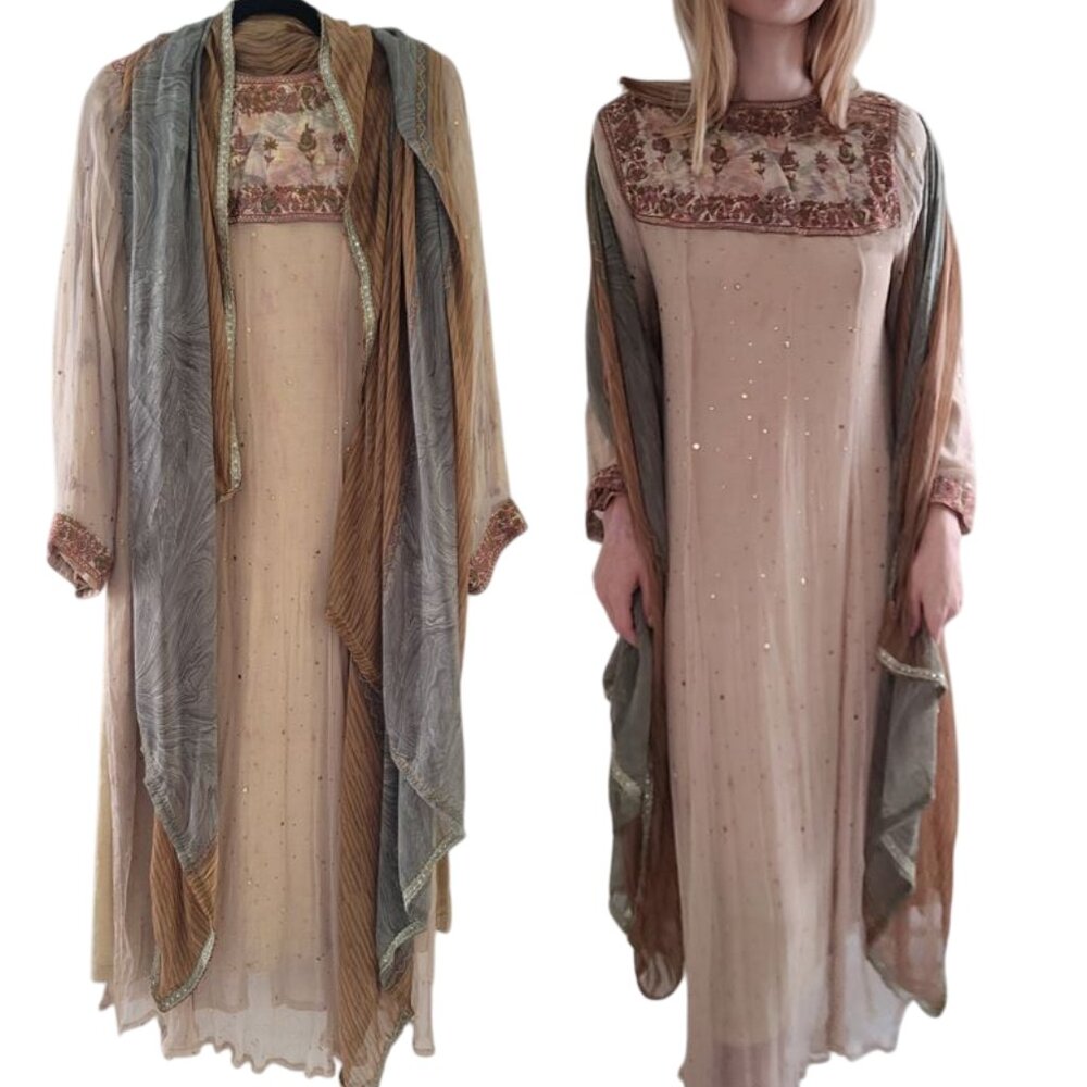 Beautiful Traditional Kurta/Kammez Tunic 3-pc Top Silk Layer & Scarf women small